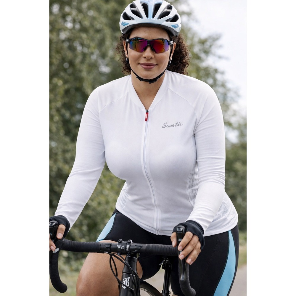 Santic White Long Sleeve Cycling Jersey Full Zip Women's L Athletic Minimalist